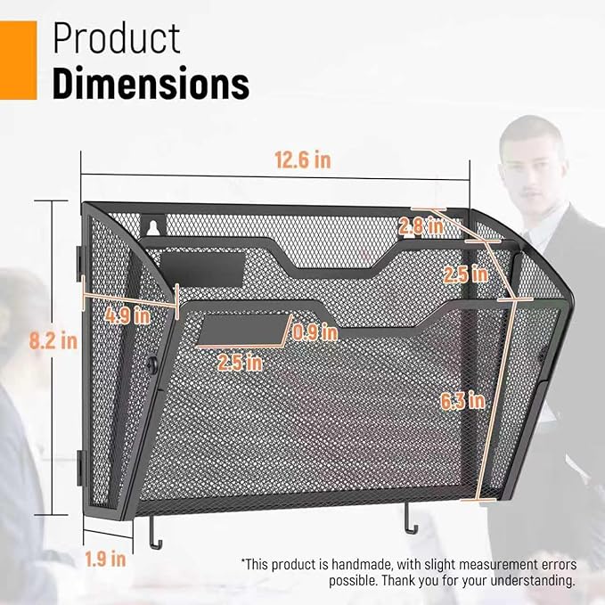 Docnest 2 Tier Mesh Wall File Holders with Hooks – 3 Pack Hanging Letter Holder - Document Organizer for Mail, Paper, Office, Home, School – Space-Saving Wall Mounted Folder Holder – Black