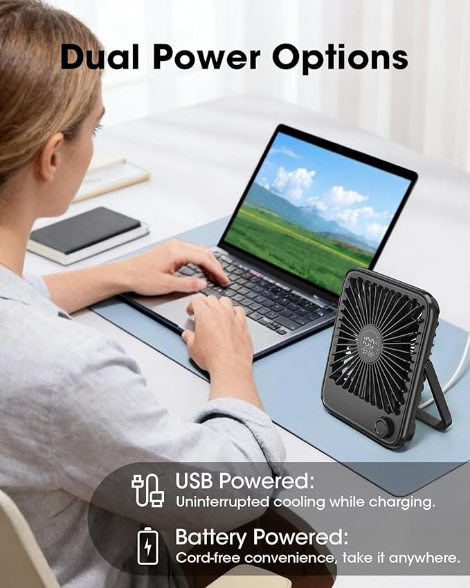 Ouddy Mode 2 Pack Small Desk Fan, Rechargeable Quiet Portable Travel Fan with 100 Wind Speeds Digital Display Black Personal Fans for Office Bedroom Home Outdoor