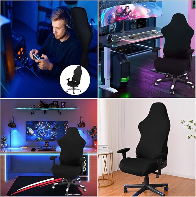 Gaming Chair Cover, Ergonomic Office Computer Game Chair Slipcovers, Stretchy Polyester Covers, 4pc/Set with Armrest Covers/Back/Seat Cover for Reclining Racing Gaming Chair Black
