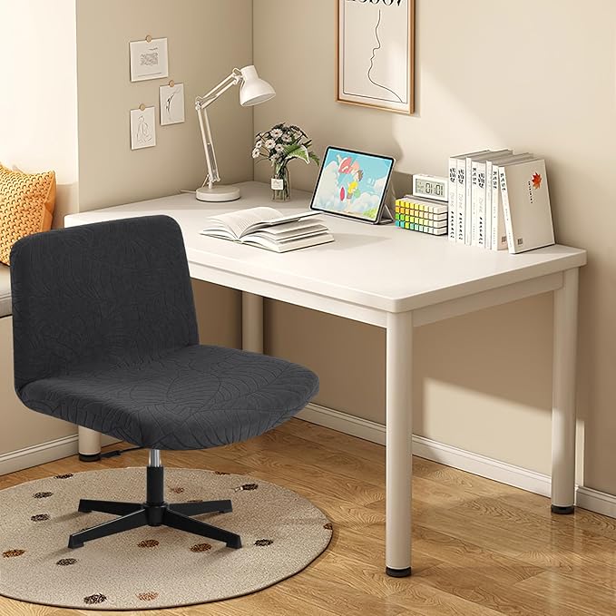 Fuloon Criss Cross Chair Cover, Waterproof, Stretchable, Solid Jacquard, Suited for Armless/Office/Desk/Mid Back Wide Seat/Computer/Task/Vanity/Accent Chair (Leaves -Shaped Jacquard, Black)