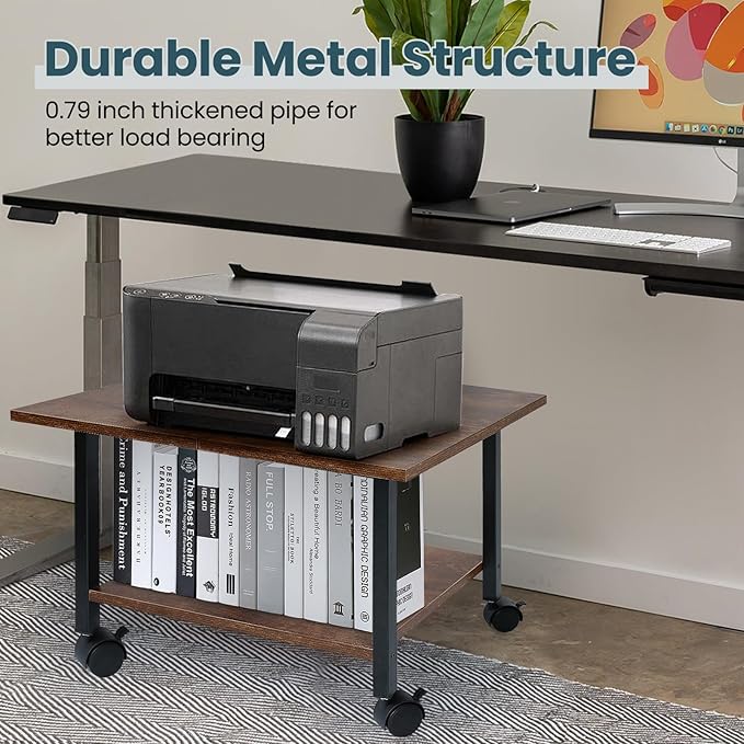 SwaaVee Printer Stand with Storage Under Desk Shelf, Desktop Printer Stand Organizer, Rolling Printer Cart Storage Paper Files Holder for Desk, Office, Home, (Rustic Brown)