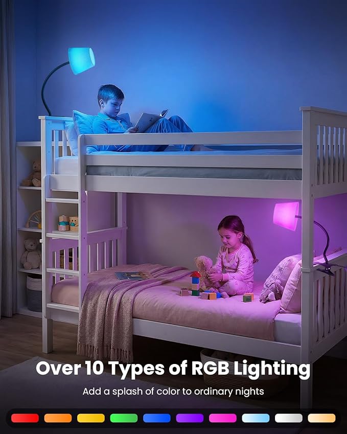 Clip on Bedside Lamp with Fabric Shade, Dimmable Reading Light 10-Level Brightness Memory, RGB & 3 Color Temperatures, Flexible Gooseneck Clip Lamp for Headboard Desk Dorm, Adapter Included