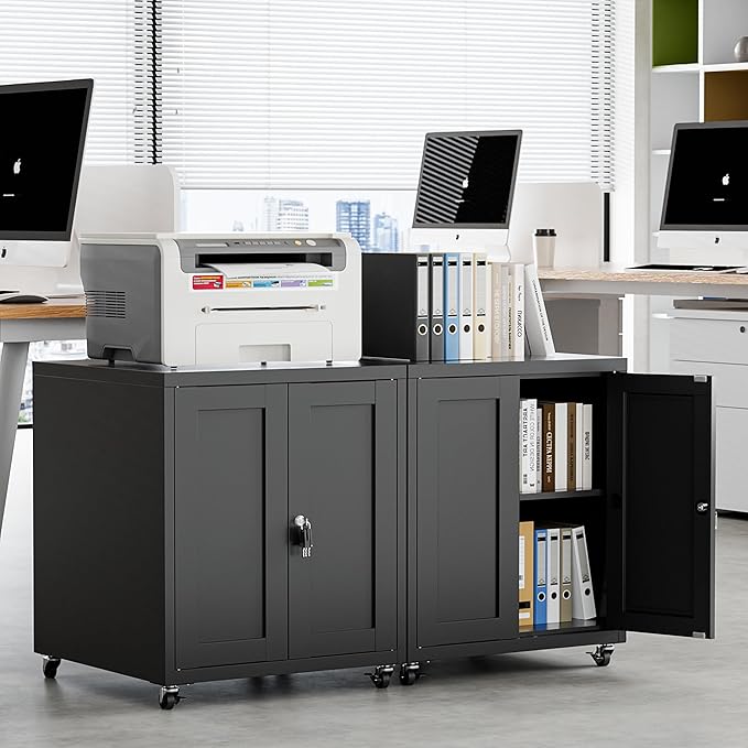 Large Printer Stand with Storage and Lock, 3D Heavy-Duty Printer Cabinet, Printer Table for Home Office with Doors and Adjustable Shelves, for Office Copier and Fax Machine, Black