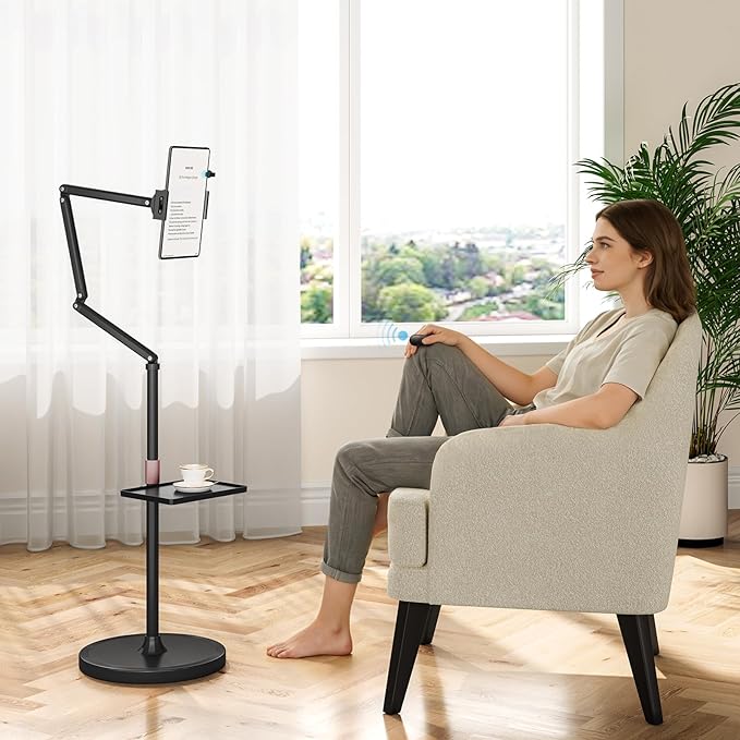 Houele Tablet Floor Stand with Remote Page Turner, iPad Floor Stand Kindle Holder with Removable Tray for Bed, Height Adjustable Tablet Mount iPad Holder for 4.7" -15.6" Kindles iPads and Phones