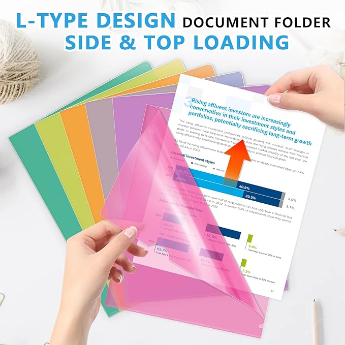 HOUYEE 30 Pack Clear Document Folders, L-Type Plastic File Folder Sleeves, Project Folders Paper Sheet Protectors for 8.5" x 11" Letter Size, for Home, Office, and School Use (6 Assorted Colors)