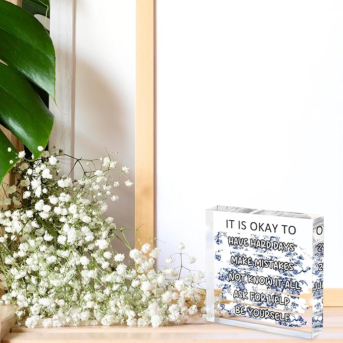 "It's Okay..." Mental Health Decor, Blue and White Porcelain Color Office Acrylic Gift Therapy Inspirational Decorations for School Counseling Office Therapy Desktop Art Decoration School Counselor
