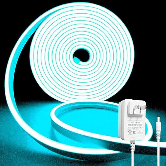 5M Neon Rope Light,12V Ice Blue LED Strip Lights with Power Plug, Waterproof Flexible Dimmable Neon Strip Lights Kit for Bedroom TV Backlight Gaming Room Monitor Kitchen Cabinet Indoor Outdoor Decor
