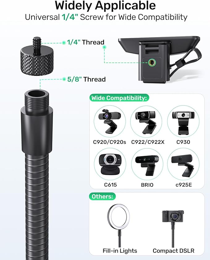 19 Inch Webcam Stand Camera Mount with Upgraded C-Clamp, Adjustable Flexible Gooseneck Arm Tripod for Desk Mount for Logitech C930e C930 C920 C922x C922 Brio 4K C925e C615, Gopro, Max Load 2.5 lb