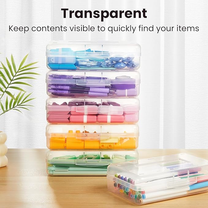 6 Pack Pencil Box, Sooez School Box, Hard Pencil Boxes for School Supplies Bulk, Large Plastic Pencil Case with Lid, Clear Pencil Container, Stackable School Box Crayon Boxes Bulk for Kids, Pink