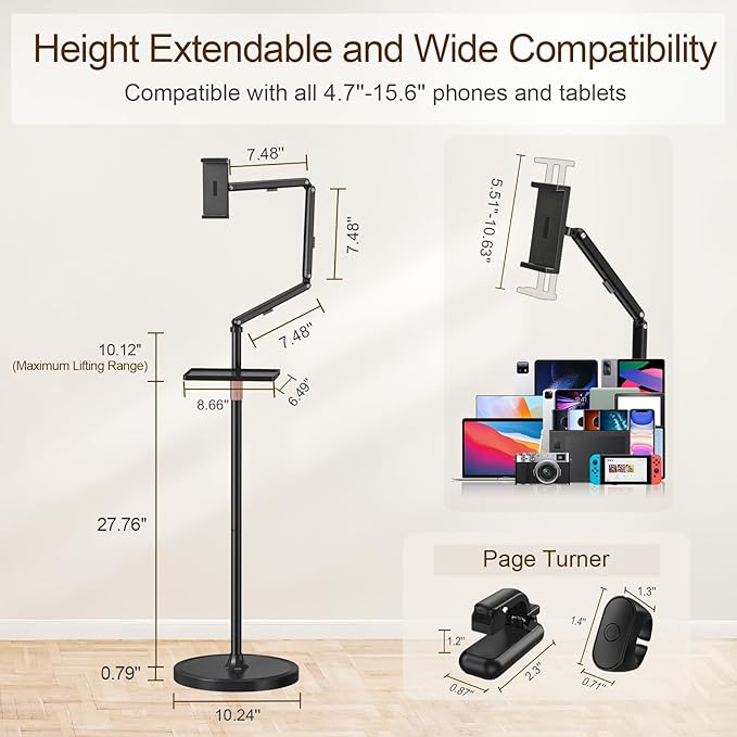 Houele Tablet Floor Stand with Remote Page Turner, iPad Floor Stand Kindle Holder with Removable Tray for Bed, Height Adjustable Tablet Mount iPad Holder for 4.7" -15.6" Kindles iPads and Phones