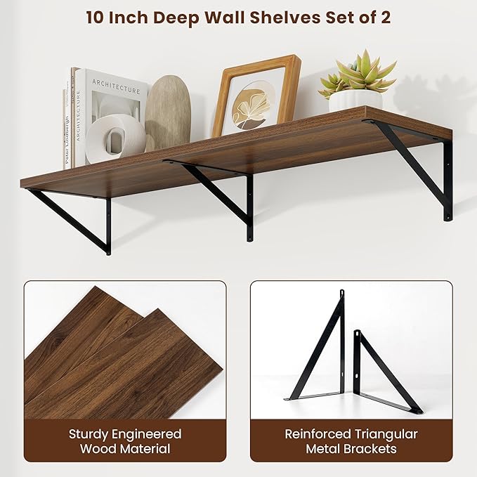 Axeman Deep Floating Shelves | 40 Inch Walnut Wall Shelves Set of 2 | 10 Inch Deep Rustic Wood Shelves for Wall | 40'' W x 10''D Walnut Shelves for Living Room Bathroom Kitchen