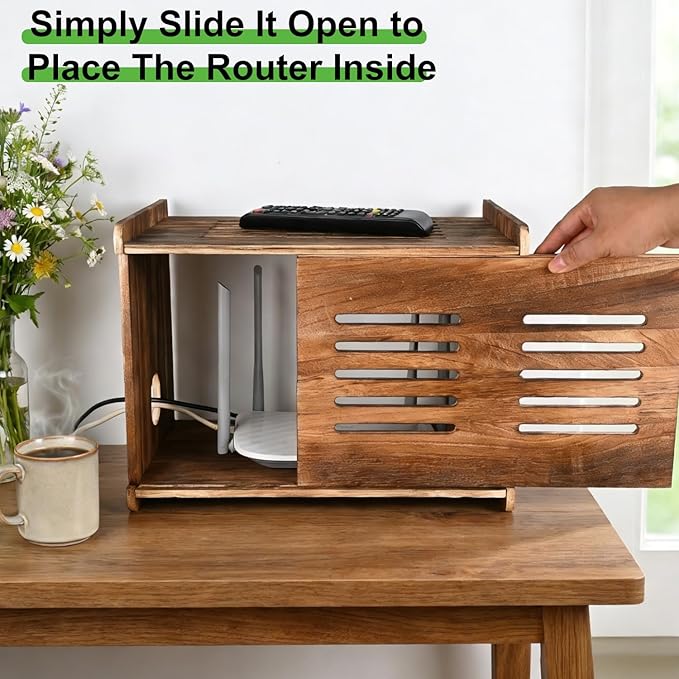 Large Wooden Router Box Hider, Wifi Router Cable Storage Box, Decorative Modem Shelf Hider Cover for Home Power Strip Cable Organization Perforated Cooling Brown
