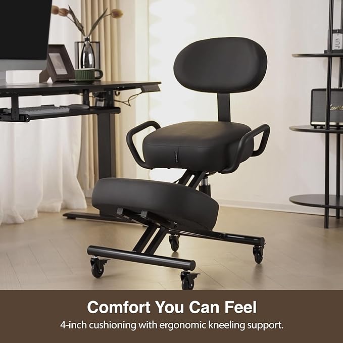 Ergonomic Kneeling Chair with Backrest, Improve Posture, Thick Cushions, Locking Wheels for Home & Office, AKONI 512B (Black)