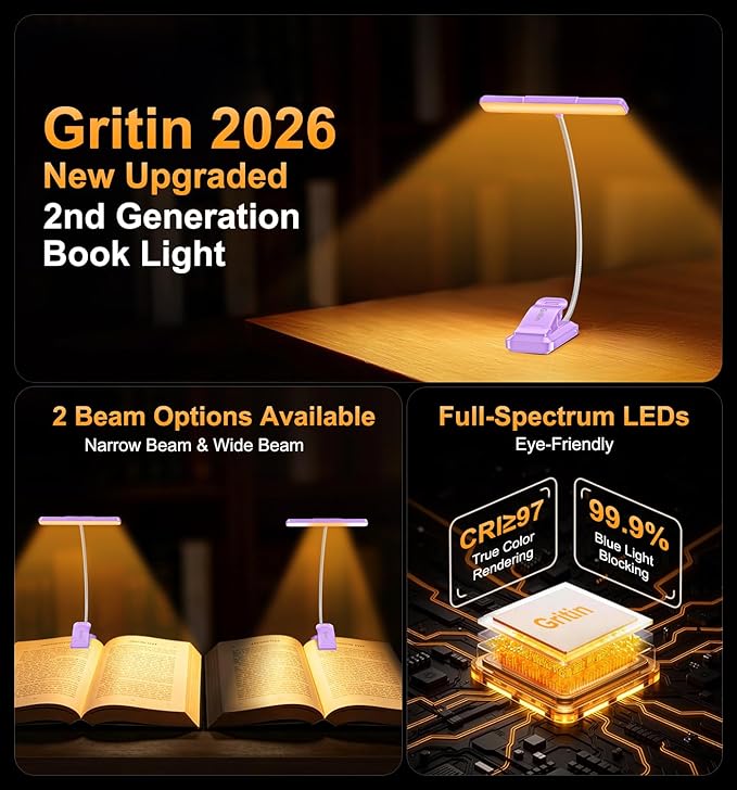 Gritin 2026 Gen 2 Book Light for Reading- 32 Eye Caring Full Spectrum LED, 5 Colors & 5 Brightness, Adjustable Wide/Narrow Beam, Upgrade 1500mAh Long-Lasting Clip on Light for Book Lovers-Purple