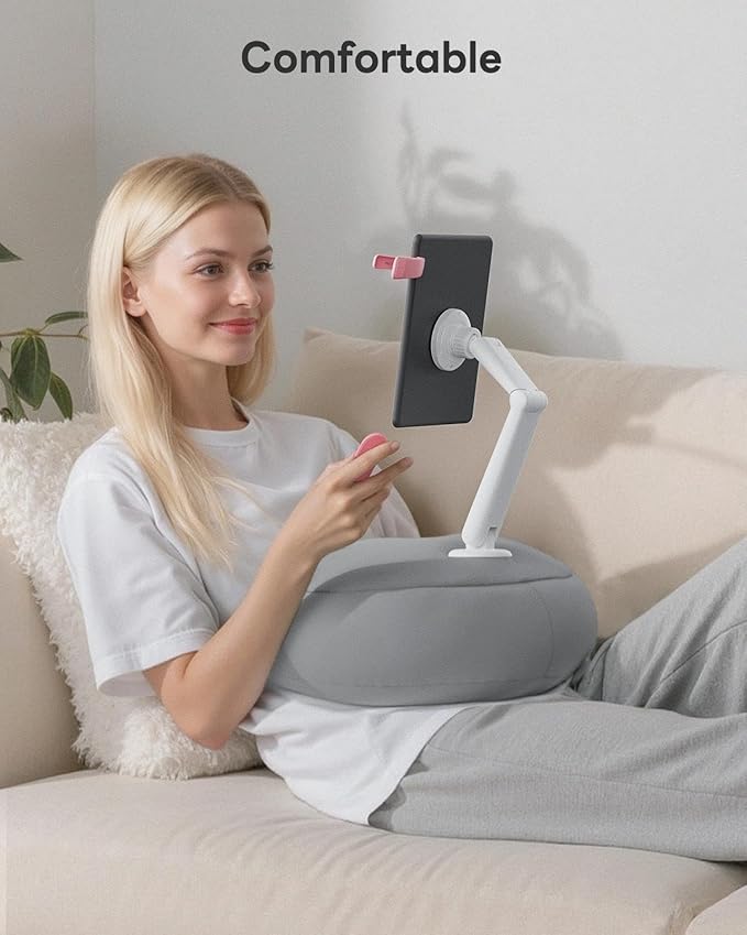 SAIJI Tablet Pillow Stand - Magnetic Kindle Holder Compatible with Kindle, Tablet, iPad, iPhone, 360° iPad Holder for Bed with Ergonomic Pillow and Dual-Jointed Arm, 2 Free Magnetic Sheets (Gray)