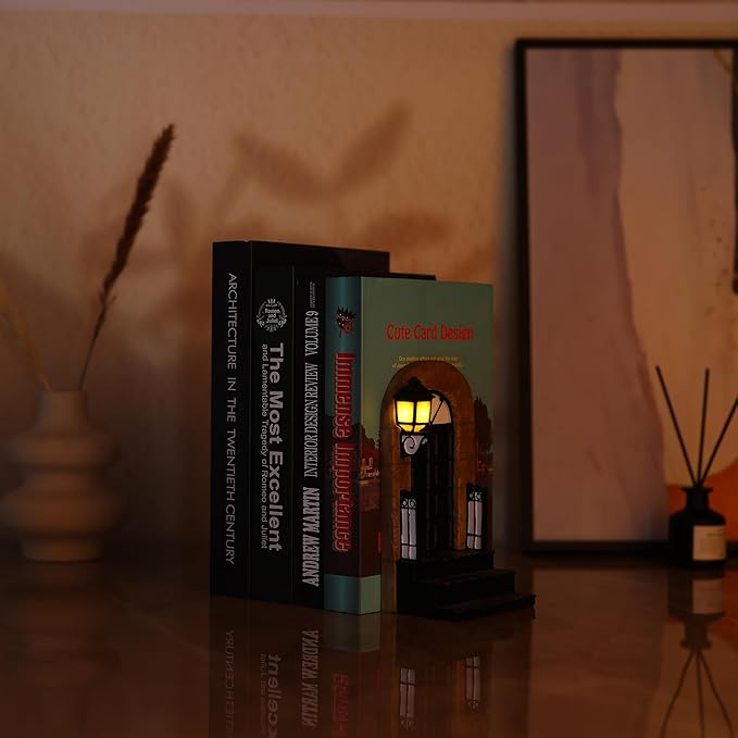 1 Pcs Unique Book End with Lighted Lantern, Vintage Decorative Book Ends for Shelves, Funky Book Holder, Rustic Book Stopper for Home, Office, and LOTR Bookshelf Decor (A)