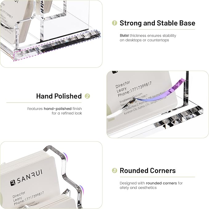 SANRUI Acrylic Business Card Holder for Desk, Clear Display Stand with 6 Slots, 3-Tier Horizontal Name Card Stands, Office Desk Organizer for Women & Men , Holds 50 Cards Each Pocket