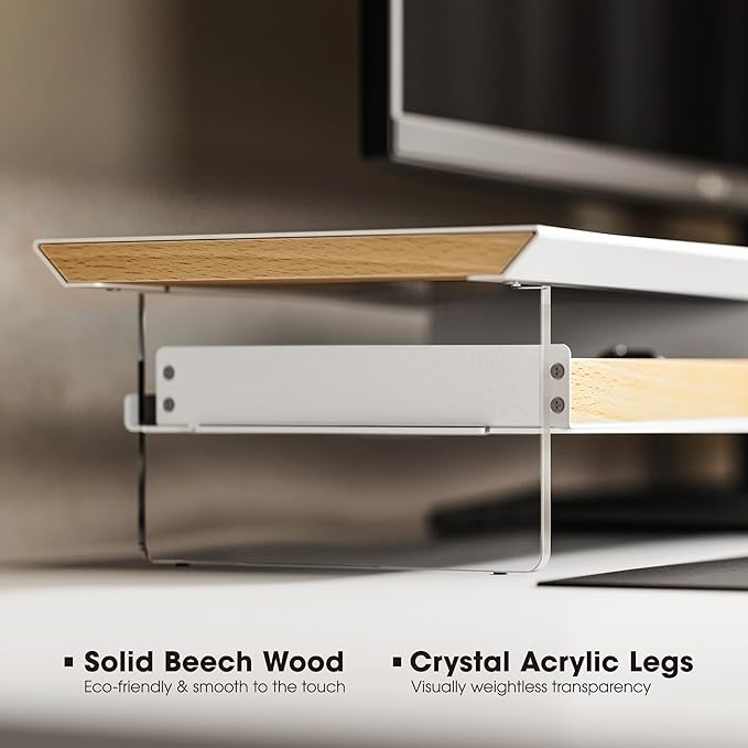Fenge 42.5” Dual Monitor Stand with 2 Drawers, Metal Wood Monitor Riser with Acrylic Legs, 2-Tier Desktop Shelf Storage Organizer for Computer, Laptop, Printer, TV, White