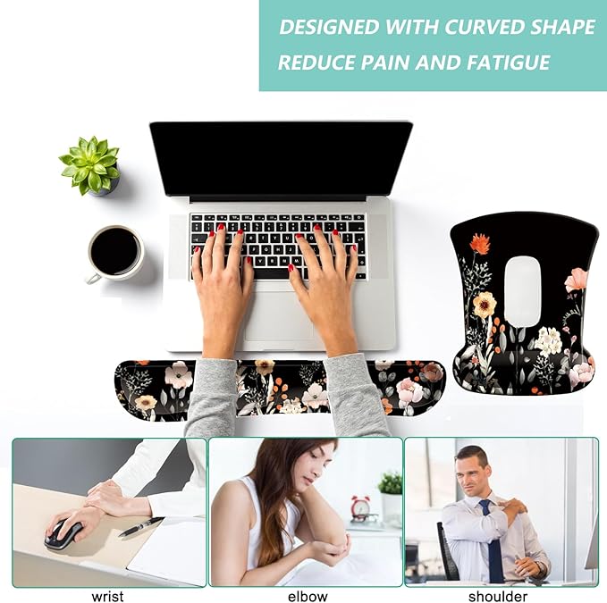 Keyboard Wrist Rest Pad Mouse Pad with Wrist Support Set of 3, Gaming Mousepad with Non-Slip Rubber Base, Ergonomic Memory Foam Mouse Cushion Support for Home Office Laptop Computer, Flower Black