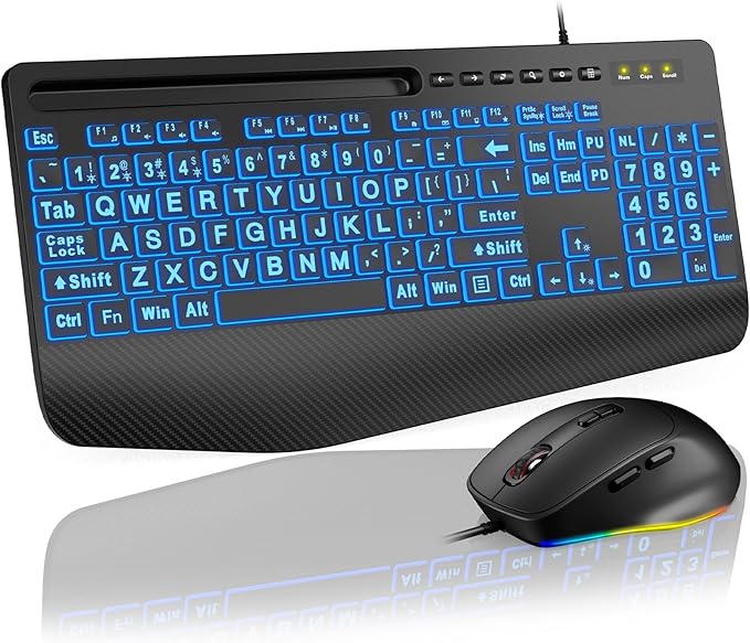 SABLUTE KM21Pro Wired Keyboard Mouse Combo - Large Print Backlit, Ergonomic Wrist Rest, 6 DPI RGB for PC/Windows - Ideal for Seniors, Students, Office and Home