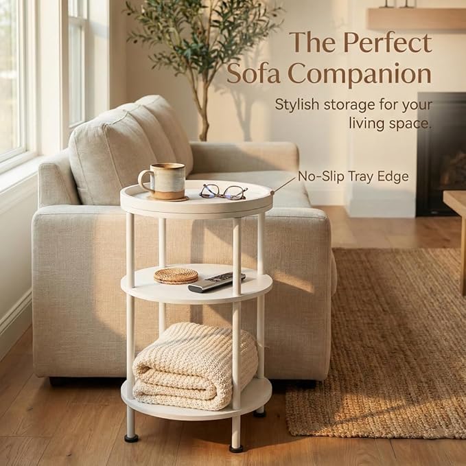 Small Round Side Table with Tray Top (Patented Design), 11.8" Narrow End Table for Small Spaces, 3-Tier Modern White Nightstand, Original Accent Furniture for Living Room Bedroom (Classic, White)