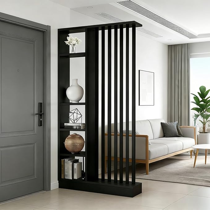 Room Divider with Shelves, Entrance Hall Partition Screen Column Floor to Ceiling - Freestanding Room Divider with Storage Shelf, Freestanding Decor for Bedroom (A Black + Black, 39.4in / 100cm)