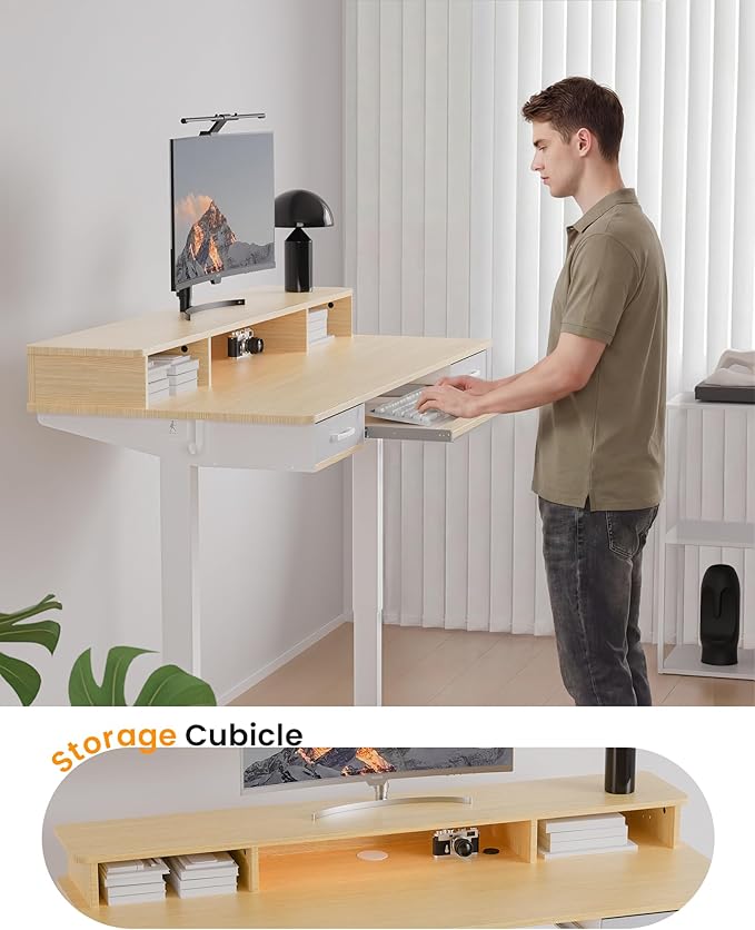 Electric Standing Desk with Keyboard Tray, 63x24 Inches Height Adjustable Stand up Desk with 2 Drawers, Ergonomic Sit to Stand Table with Storage Monitor Stand, Oak