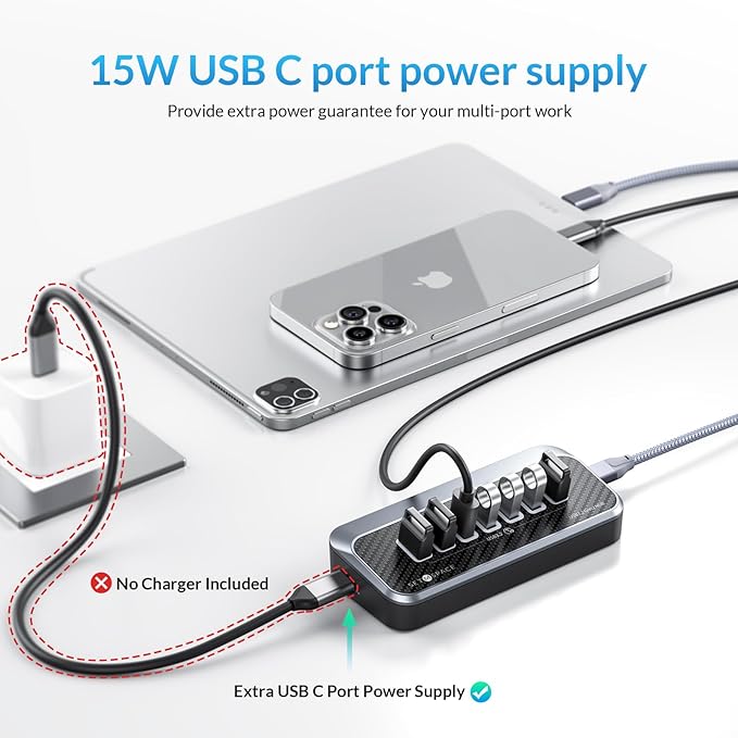 USB Hub for Laptop, SETMSPACE USB Splitter with 7 Port USB 3.2 10Gbps Transfer, USB Port Hub with 2 in 1 Cable 19in, Multiple USB Port for Laptop, iMac, MacBook, Dell, Xbox