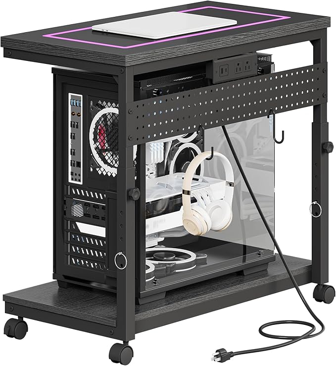 CHOEZON 31.5" Large Computer Tower Stand with Power Outlet, Under-Desk PC Cart with 2 Hooks, PC Stand with LED, Height Adjustable PC Tower Holder on Wheels, for Living Room, Office, Black TCJ51UDBB