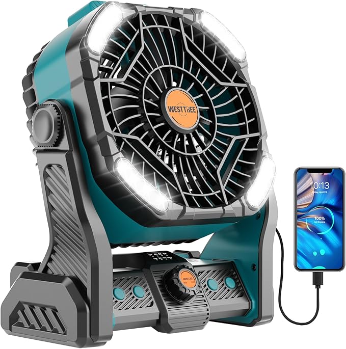 WESTTREE 20000mAh Battery powered fan Camping essentials,Rechargeable fan Portable Battery Operated Tent with Light & Hook X26A Cyan
