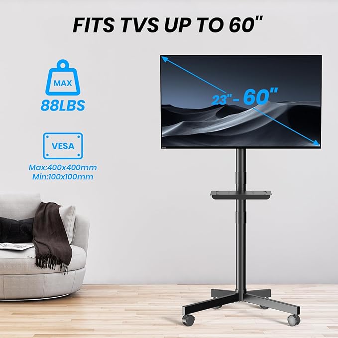Mobile TV Cart for 23-60 Inch LCD LED OLED Flat Curved Screen TVs - Height Adjustable Rolling Floor Stand with Shelf and Locking Wheels - Up to 88lbs, Max VESA 400x400mm, Black
