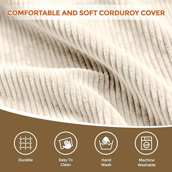 20" x 20" x 15" Pouf Ottoman Foot Rest, Pre-Stuffed Round Foot Stool with Odorless Shredded Memory Foam, Furry & Fluffy Corduroy Footrest for Living Room, Beige