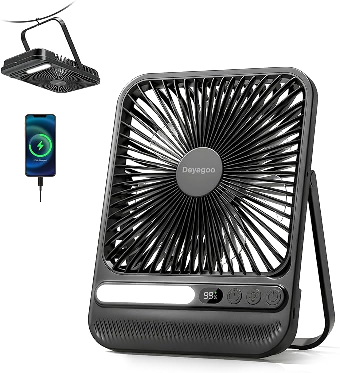 Deyagoo Travel Fan,7-Inch Camping Fan, Rechargeable Fan, 28H 10000mAh Ultra-Thin Quiet USB Desk Fan with Timer & LED Display for Bedroom, Office, Camping