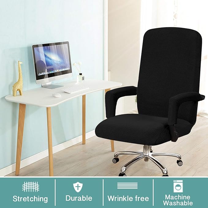 Turquoize Stretchable Chair Cover for Computer Chair, Large Office Chair Cover with Armrest Covers, Jacquard Boss Chair Cover, High Back, Washable, Large, Black