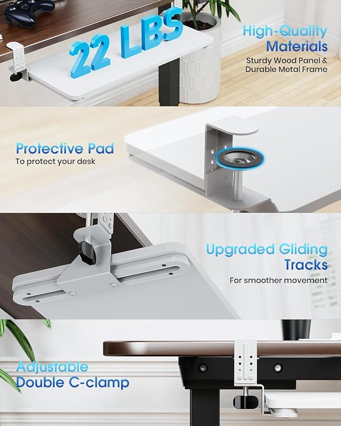 Small Keyboard Tray Under Desk, Pull Out Keyboard & Mouse Tray with Adjustable C-clamp, 20(25.9 Including Clamps) x 11.8 Inch Slide Out Computer Keyboard Drawer Mouse Tray for Typing, White