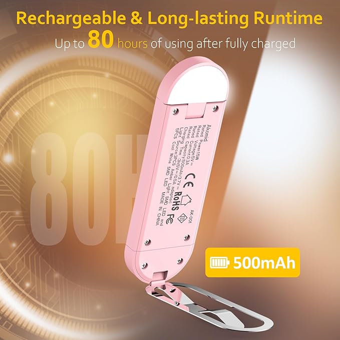 Akomid USB Rechargeable Book Light for Reading in Bed, 8 LEDs Bookmark Style Clip on, Eye-Cared Amber Light Mode for Kids, Blue Light Blocking, Stepless Dimming, Pink
