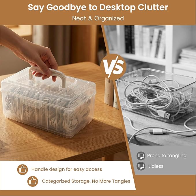 Portable Cord Organizer Box with Handle, 7 Clear Cable Storage Cases and Labels, Travel Cable Holder for Charging Cords, USB Wires, Earphones – Home Desk Drawer Organizer (Type A)