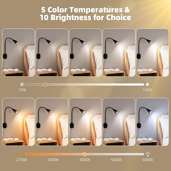 LED Wall Mounted Reading Light, 5 Color Modes 10 Brightness Dimmer, USB Charging Port, Memory & Timer, Adhesive Book Light for Reading in Bed, Eye-Caring Wall Lamps for Bedside Reading Bedroom Black