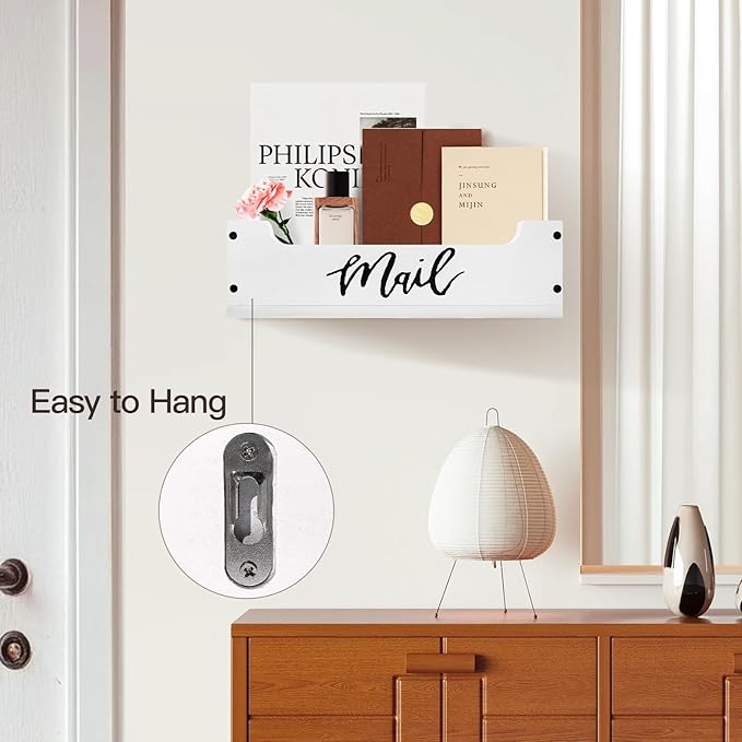 White Wooden Mail Organizer Countertop - Mail Organizer Wall Mounted, Office Mail Holder, Desktop Mail Basket for Counter, Letter Holder Box for Home Office Decor (White + Black, 3.15")
