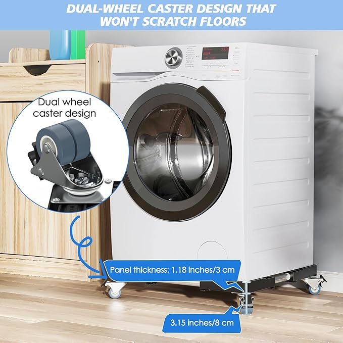 Mini Fridge Stand with 4 Locking Twin Wheels Washing Machine Stand Base Adjustable Furniture Universal Stand Base for Furniture Portable Refrigerator Dryer Stand,Laundry Pedestal 45-65cm(Black, 440LB)