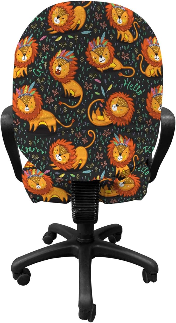 Ambesonne Cartoon Office Chair Slipcover, Lions Illustrations in Tribal Theme Feathers and Floral Strokes King of The Jungle, Protective Stretch Decorative Fabric Cover, Standard Size, Orange Black