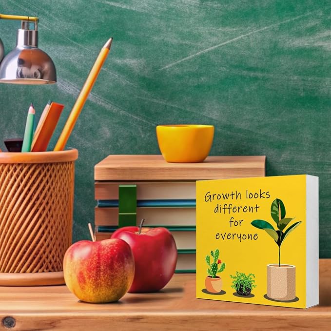 LVQHI Inspirational Desk Sign,Growth Looks Different for Everyone Plant Motivational Wooden Block Sign for Home Bedroom Office Desk Decor Saffron 5“L x 5"W x 1.2"H