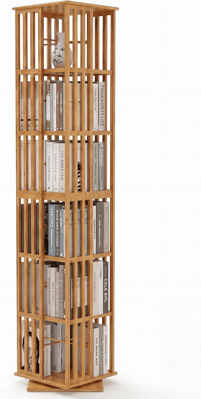 Lauxery Rotating Bookshelf Tower– 6 Tier 360° Spinning Bookshelf | Space-Saving Floor Standing Bamboo Revolving Bookcase for Small Space, Home Offices & Reading Corners | Nature