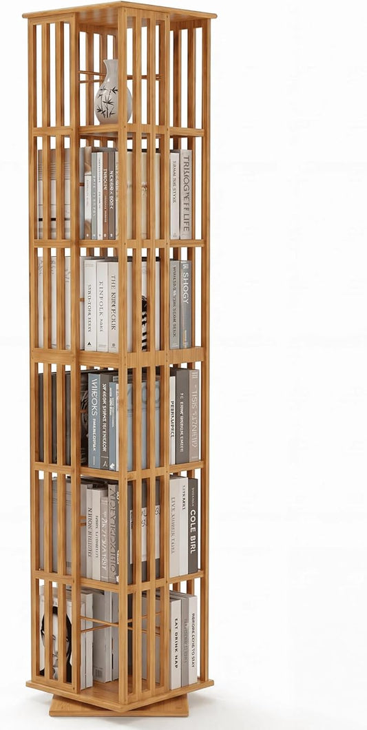Lauxery Rotating Bookshelf Tower– 6 Tier 360° Spinning Bookshelf | Space-Saving Floor Standing Bamboo Revolving Bookcase for Small Space, Home Offices & Reading Corners | Nature