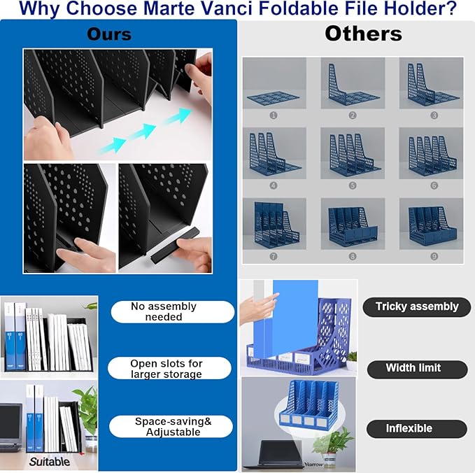Marte Vanci Collapsible Magazine File Holder with 4 Vertical Compartments, Binder Holder for Desk, Desktop Binder Organizer for Notebook, Documents, Book, School Office Supplies(Black)