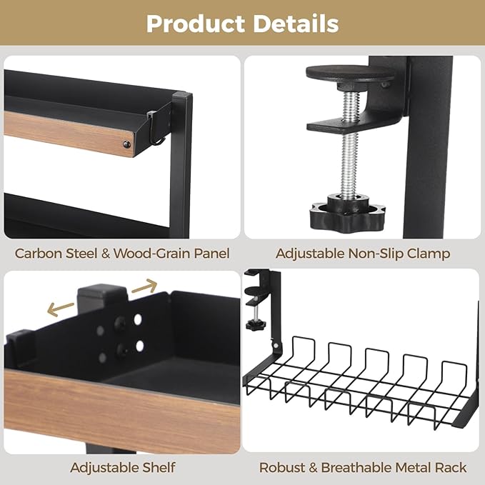 Clamp-On 3-Tier Desk Shelf, Metal Rack with Wood Grain Shelves, Adjustable Above & Under Desk Storage, Extension Socket Holder, for Home Office Or Gaming