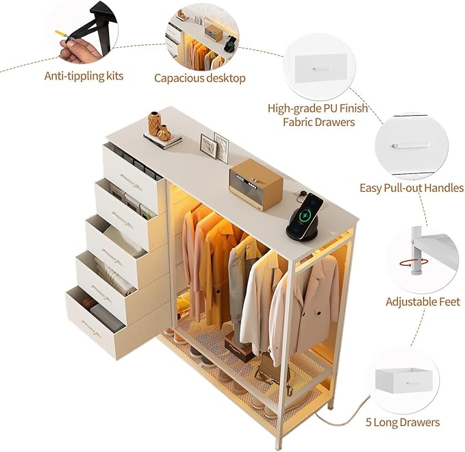 Dresser for Bedroom, Dresser with Hanging Rack Led Lights and Charging Station, White Bedroom Dresser with 5 Fabric Chest of Drawers with PU Finish Storage Organizer, for Living Room Hallway, White