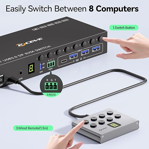 8 Port DisplayPort KVM Switch 4K@60Hz EDID Simulation, USB 3.0 DP KVM Switch for 8 Computers Share 1 Monitor and 4 USB Devices, Audio RS232,Wired Remote, 12V Power Supply & 8 USB Cables Included