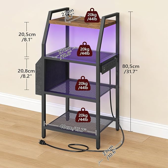 MAHANCRIS 4-Tier AV Media Stand with Power Outlet & LED Lights, Game Console Shelf with Side Storage Bag, Corner Stereo Stand Rack Audio Tower for Small Video DVD Players Boxes, Rustic Brown MSHR01E01