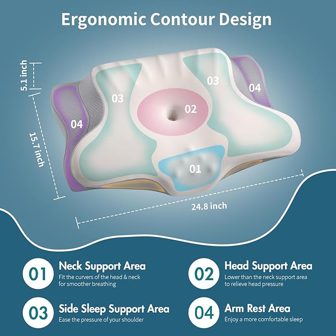 Ylekto Cervical Neck Pillow for Pain Relief, Ergonomic Pillow Side Sleeper Pillow for Sleeping, Contour Memory Foam Pillows with Cooling Pillowcase Orthopedic Bed Pillow for Back Stomach Sleepers